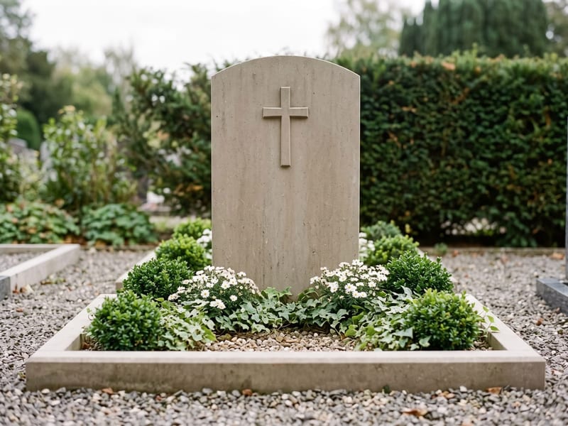 Grabmal aus Naturstein mit Kreuz, Inschrift und bepflanzter Grabeinfassung