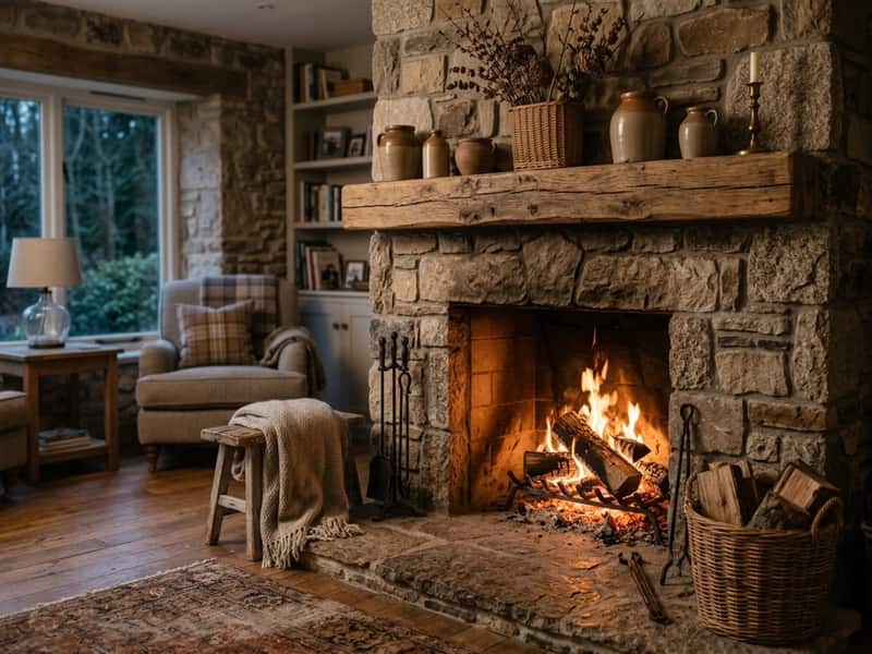 Kamin aus wärmespeicherndem Naturstein