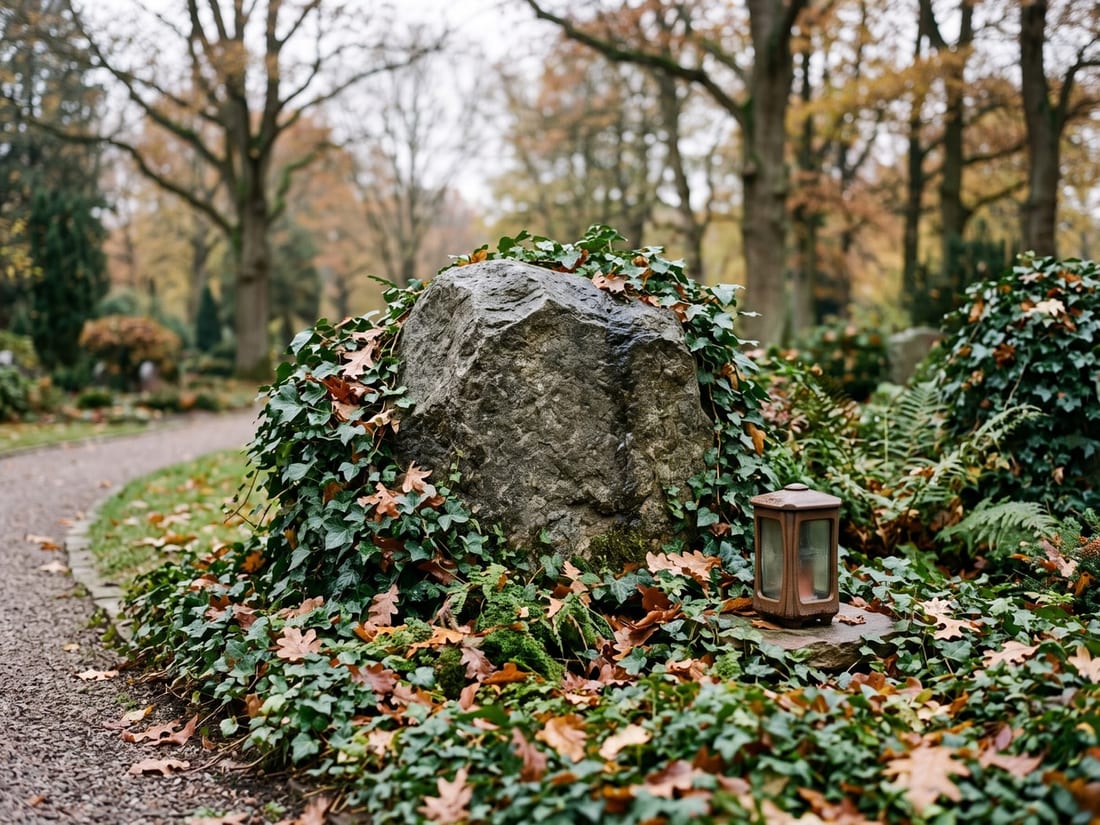 Grabstätte mit Grabmal aus Naturstein auf einem Friedhof in Alfeld an der Leine, umgeben von altem Baumbestand
