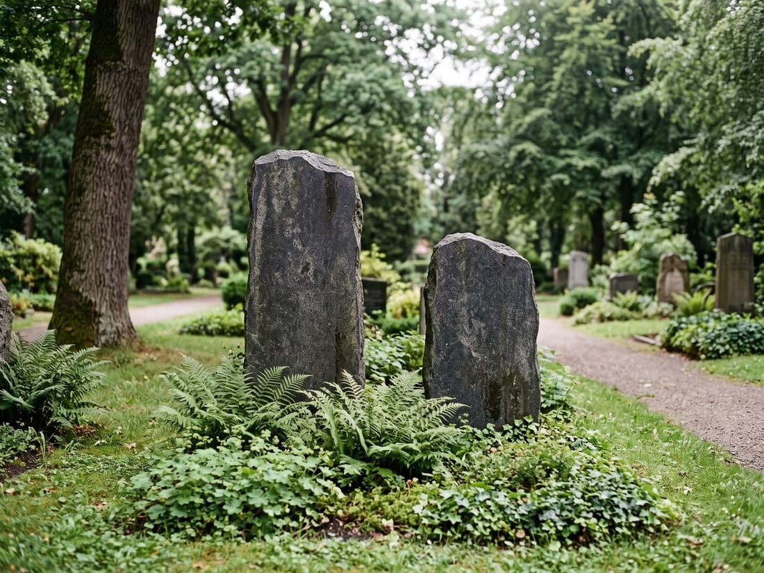 Ruhiger Friedhofsweg in Diekholzen mit Grabmalen aus Naturstein unter altem Baumbestand