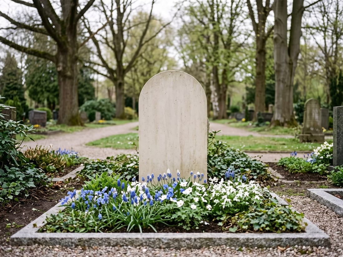 Naturstein-Grabmal mit Inschrift auf einem gepflegten Friedhof bei Elze an der Leine