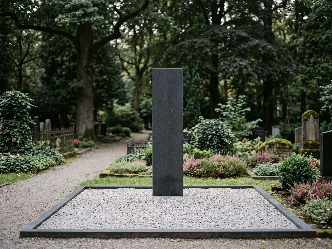 Stiller Friedhof an der Leine bei Gronau mit Grabmal aus Naturstein und alten Bäumen
