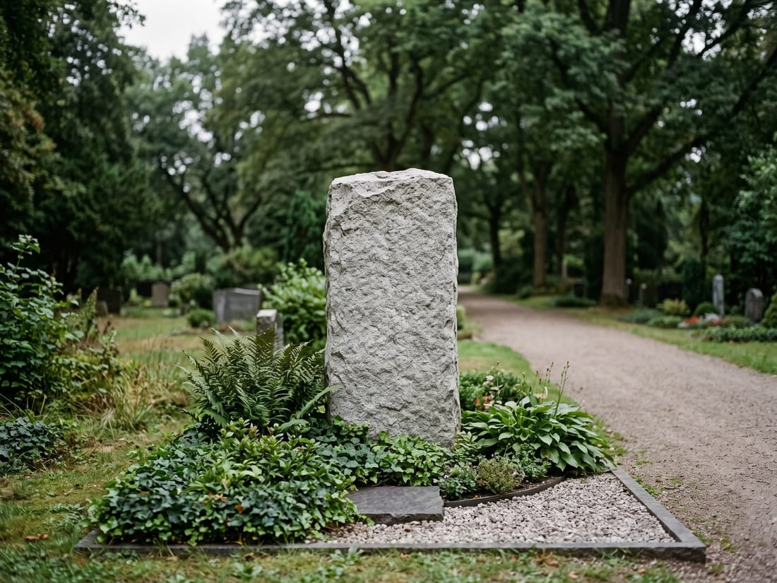 Grabmal aus Naturstein auf einem parkartigen Stadtfriedhof in Hannover mit alten Bäumen