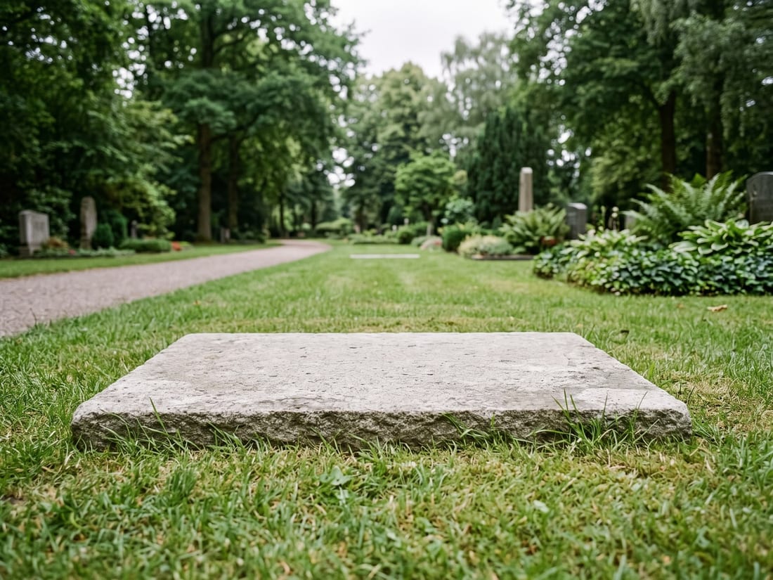 Ruhiger Friedhof in Pattensen mit einem Grabmal aus Naturstein zwischen alten Bäumen