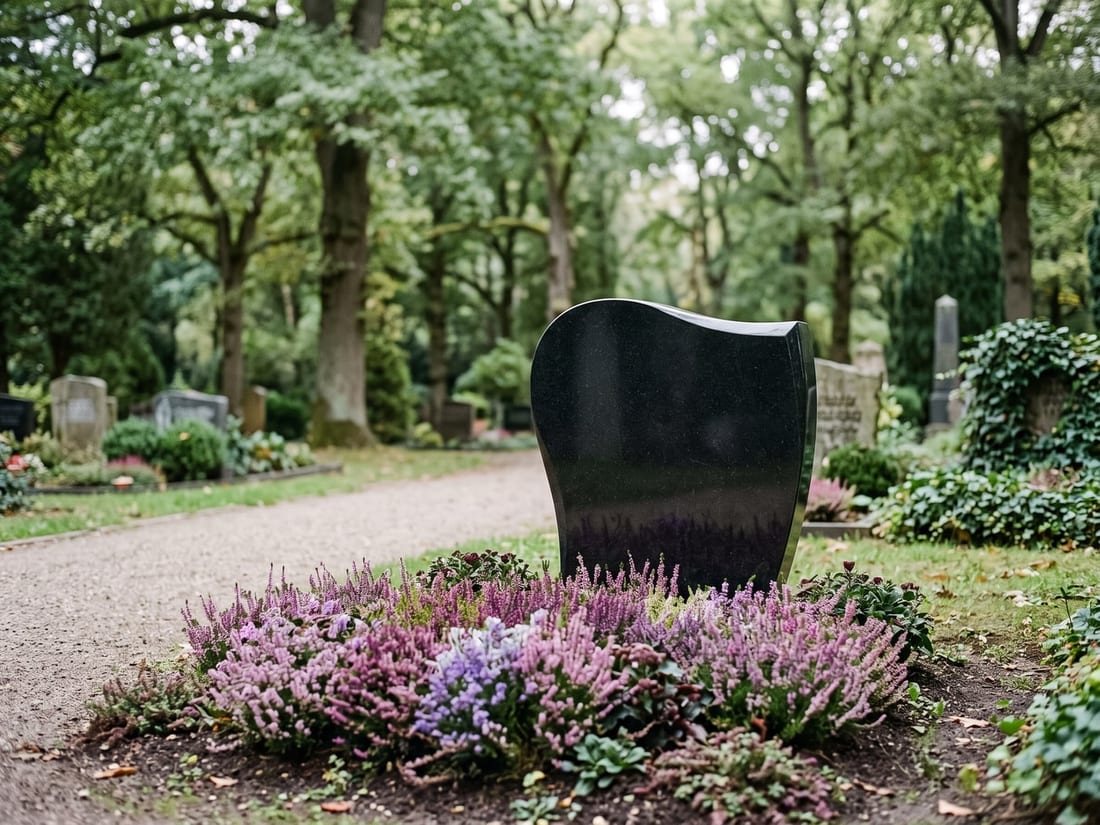 Ruhige Grabstätte mit Grabmal aus Naturstein auf einem Friedhof bei Sarstedt