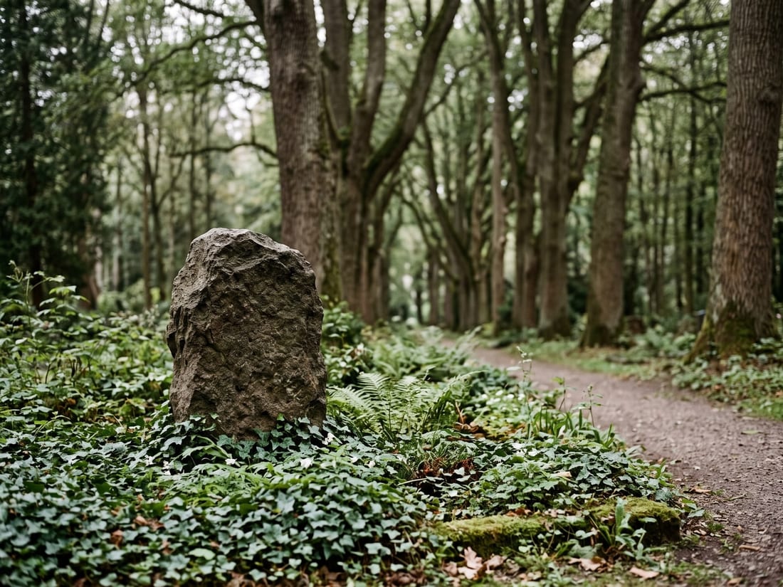 Grabmal aus Naturstein auf einem ruhigen Friedhof in Springe mit dem bewaldeten Deister im Hintergrund