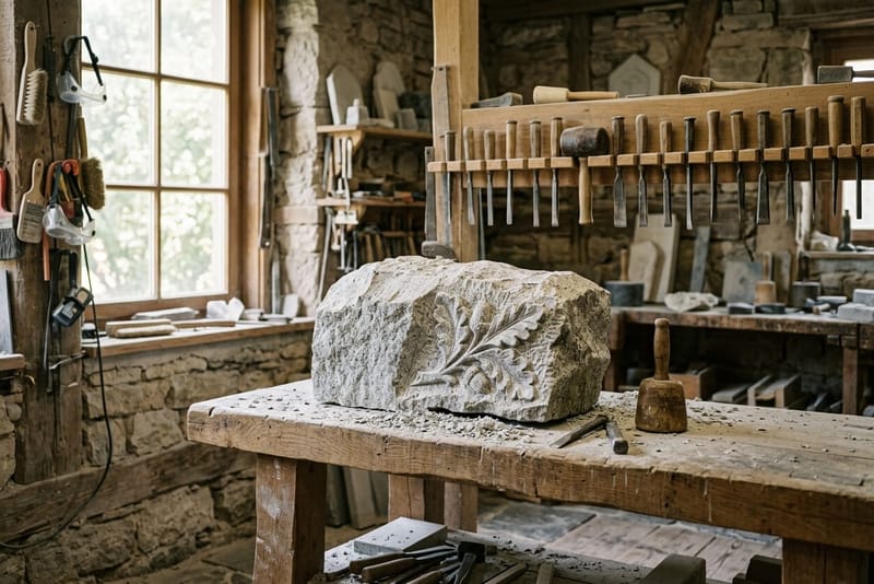 Werkstatt und Atelier von Steinhold Natursteine — Arbeitsplatz im Steinmetz-Team